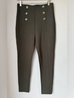 Zara Dark Olive Green High Waist Leggings Women’s Size L Stretch Gold Buttons